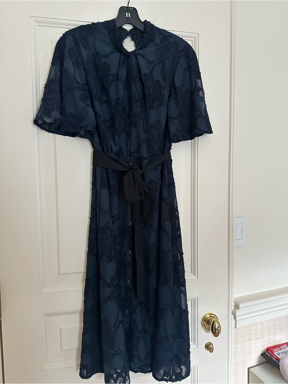 Zara Navy Textured Midi Dress with Black Waist Band